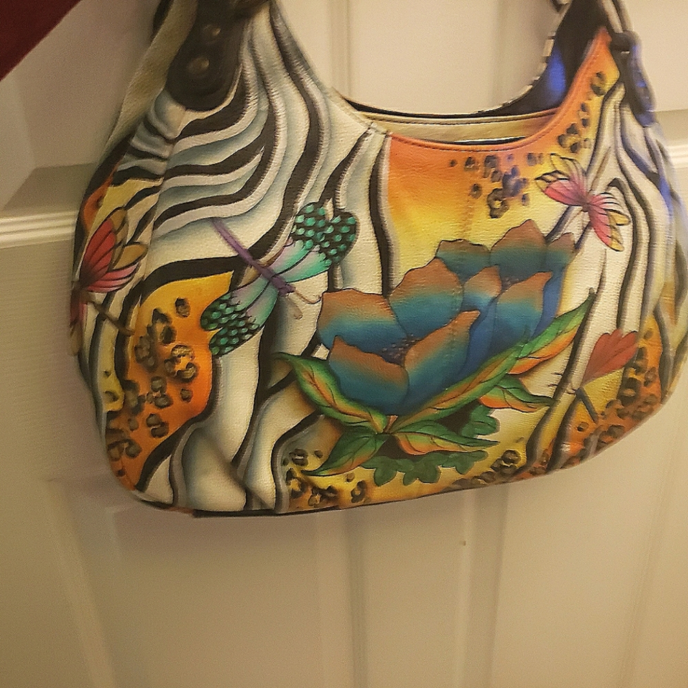 ANUSCHKA LARGE shoulder bag+3 sm bags HAND PAINTED FLORAL DRAGONFLY LEATHER BN